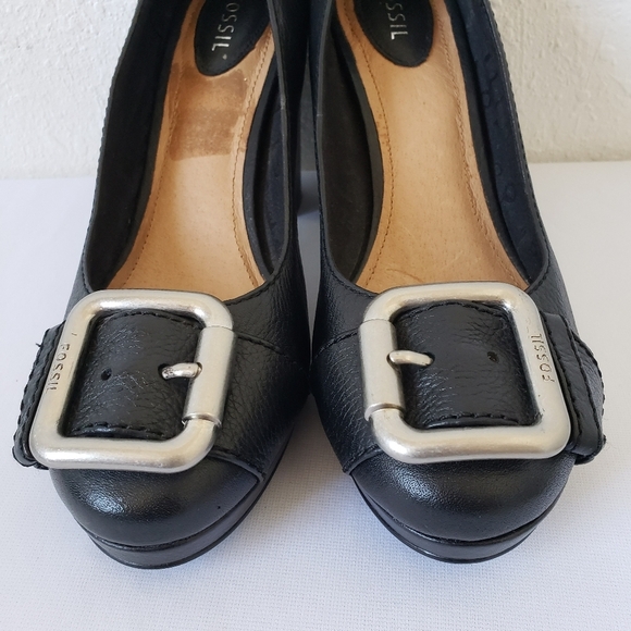 FOSSIL MADDOX Leather Buckle PUMPS Block Heels - Picture 2 of 13
